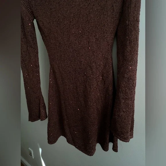 Asta resort Maya Sleeve Mini Dress - Chocolate Sequin Brown One-Shoulder Dress - Picture 5 of 8